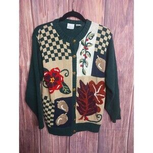 Vintage Laura Gayle Fall Autumn Leaf Patchwork Cardigan Sweater Petite Medium